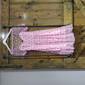 SWEET SOCIETY PINK DRESS STRAWBERRIES MESH PUFF SLEEVES SIZE LARGE RIBBON SASH